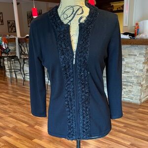 Size medium 3/4 length sleeve zip up cardigan with 3D roses down center and neck